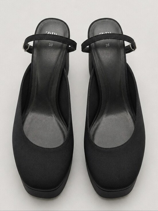 Zara Shoes - Zara Black Satin Platform Ankle Wrapping Slingback Heels Size 39 EU Chunky Retro